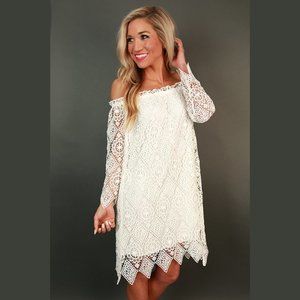 White Lace Off-Shoulder Midi Dress